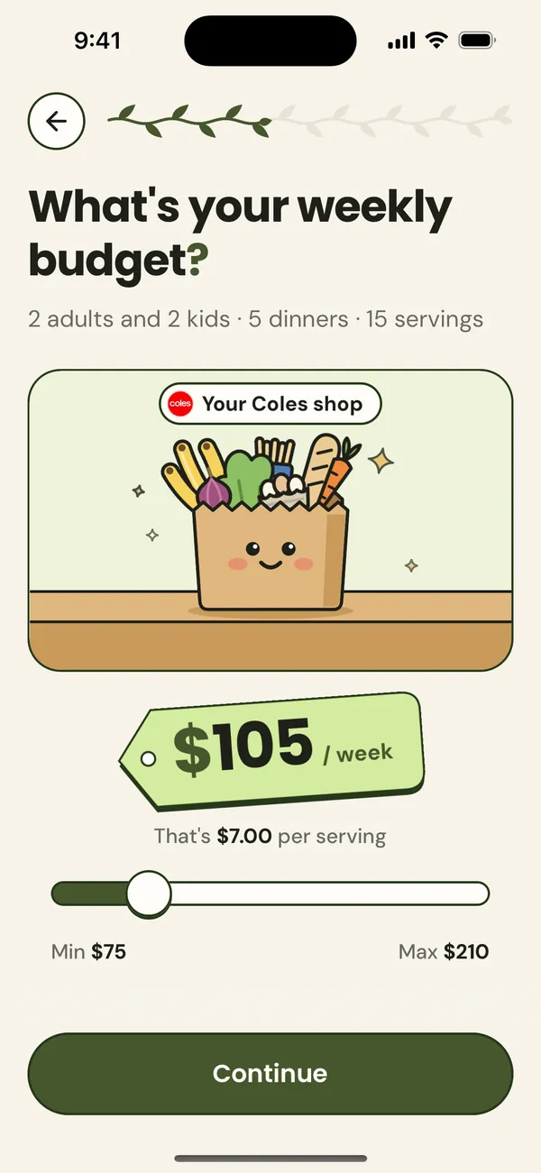 Setting a $105 weekly budget, which nomi shows as $7.00 per serving.
