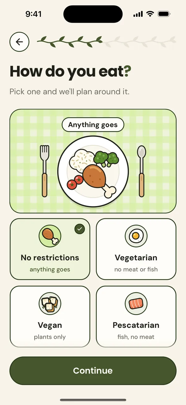 Choosing a diet: no restrictions is ticked, with vegetarian, vegan or pescatarian to pick instead.