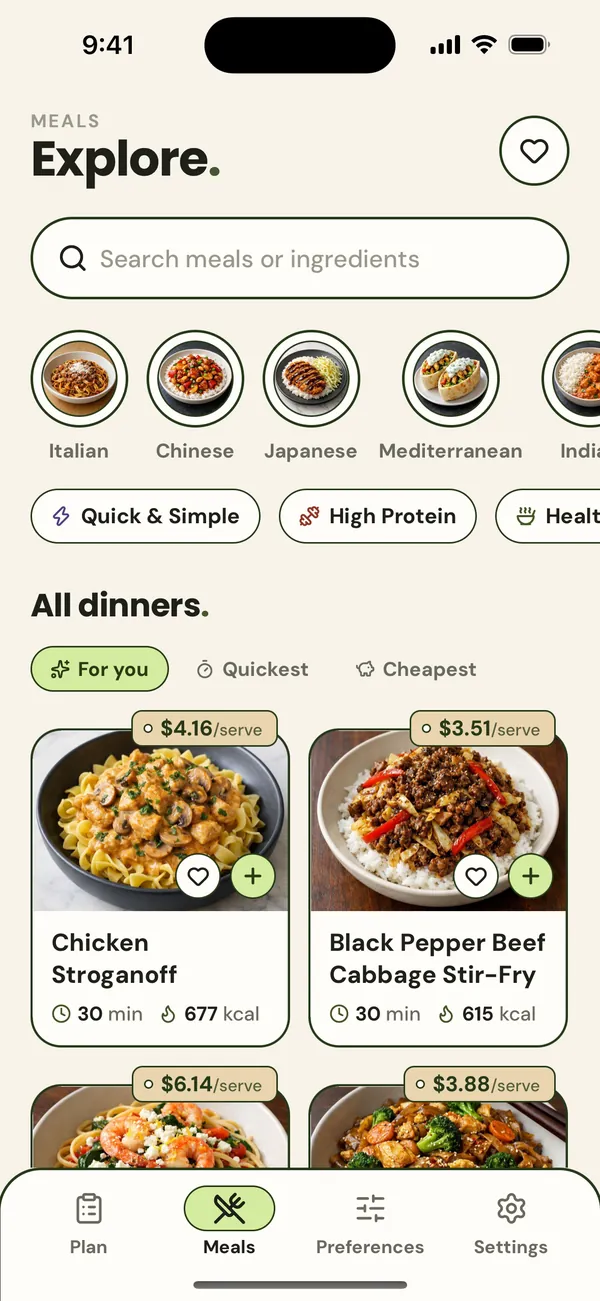Exploring meals by cuisine: Italian, Chinese, Japanese and more.