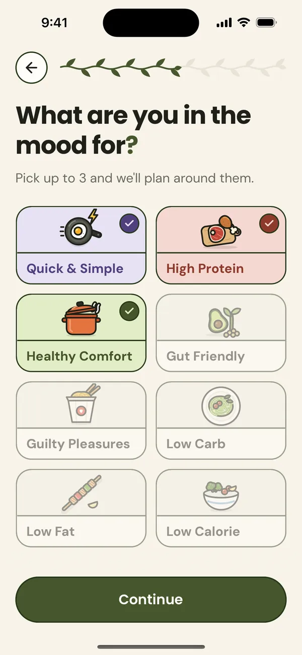 Choosing vibes: Quick & Simple, High Protein and Healthy Comfort are ticked.